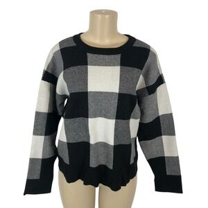 DKNY Chunky Plaid Checker Print Oversized Knit Sweater Size L Preppy Academia